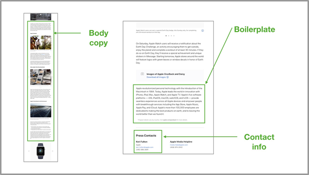 Body copy, boilerplate, and contact info screenshots of the apple press release