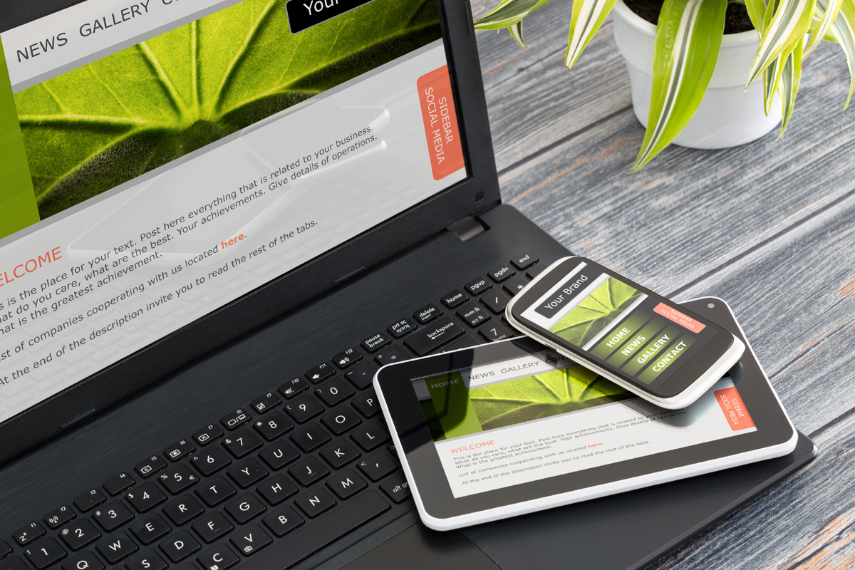 Responsive Web Design. Laptop, tablet, and phone showing the same website.