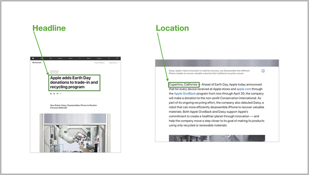 Headline and location screenshots of the apple press release
